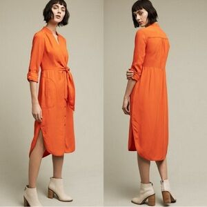 Anthropologie Maeve Araceli Tie Front Dress Linen 0 Orange Midi Button Down